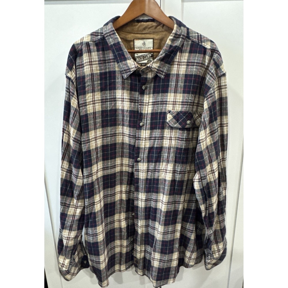 Legendary Whitetails Shirt Men's 4XT Buck Camp Flannel Plaid Beige Blue Big Tall